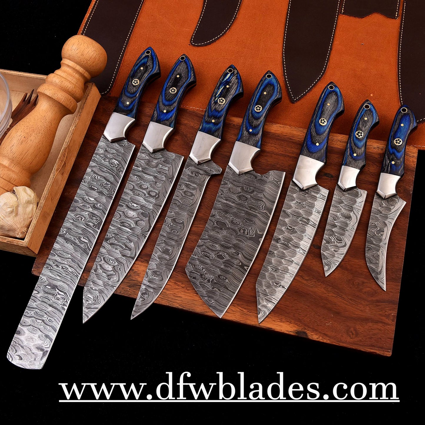 blue 7 pcs -Handmade Damascus Forged steel bbq/kitchen set
