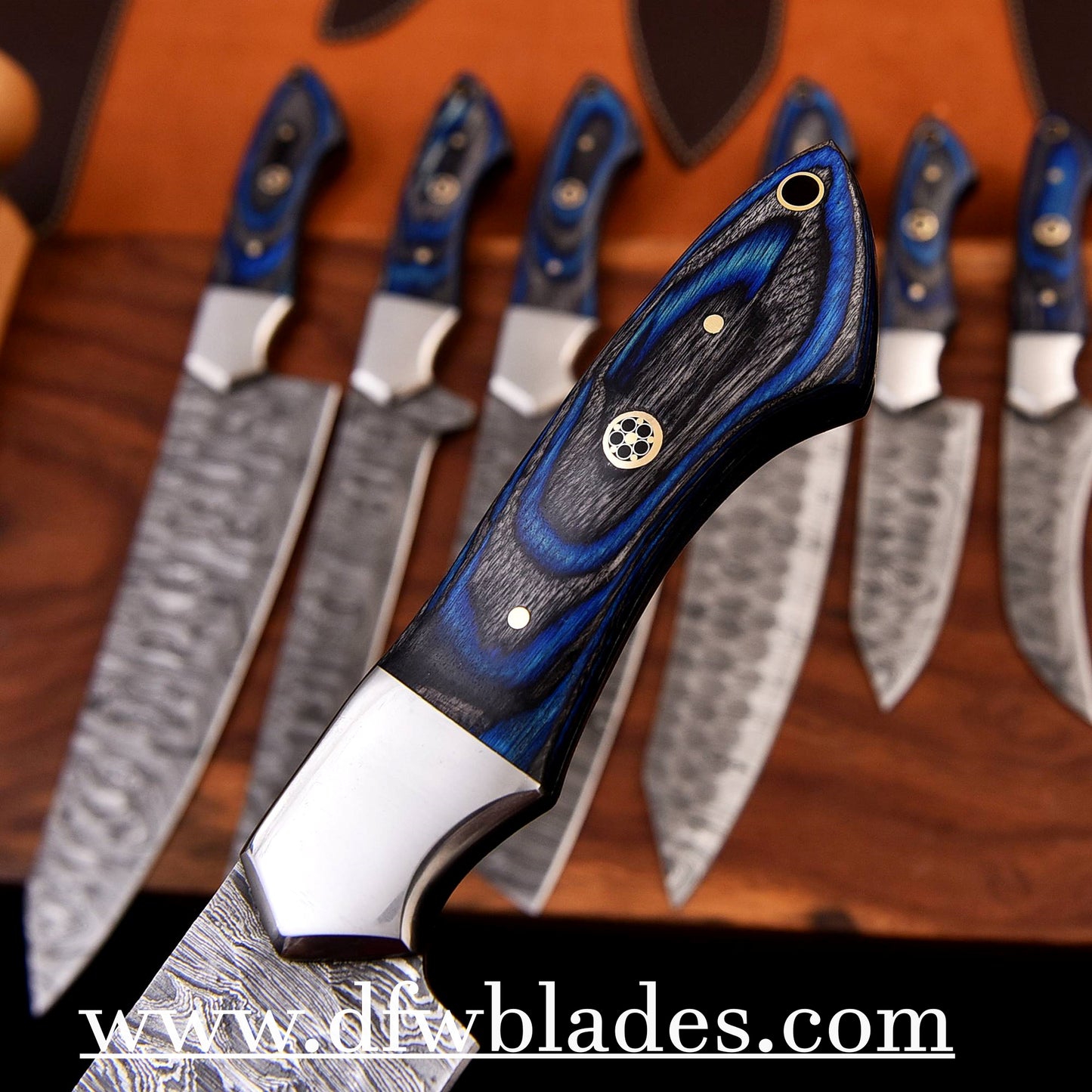 blue 7 pcs -Handmade Damascus Forged steel bbq/kitchen set