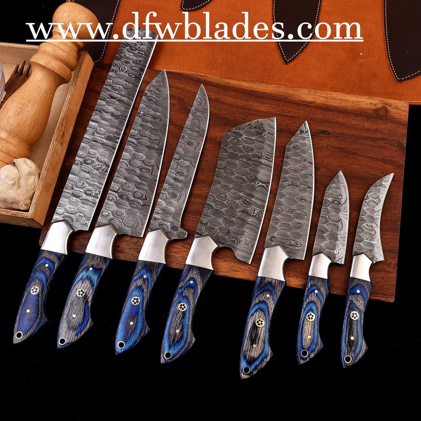 blue 7 pcs -Handmade Damascus Forged steel bbq/kitchen set