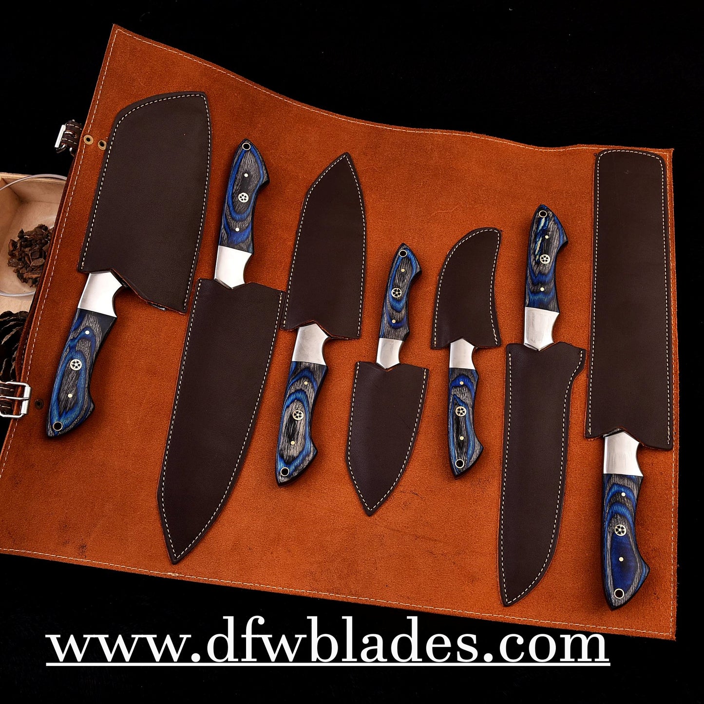 blue 7 pcs -Handmade Damascus Forged steel bbq/kitchen set