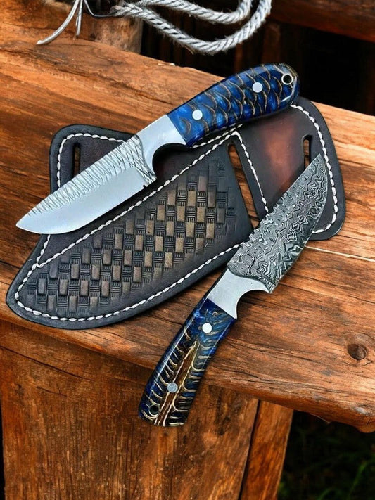 Premium Ranch Cowboy Knives and Sheaths Set | Damascus &amp; Rasp Steel Bladesr – Coneback Ranger