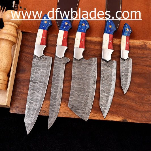 Texas Handles- Handmade Damascus Forged steel chef knives set