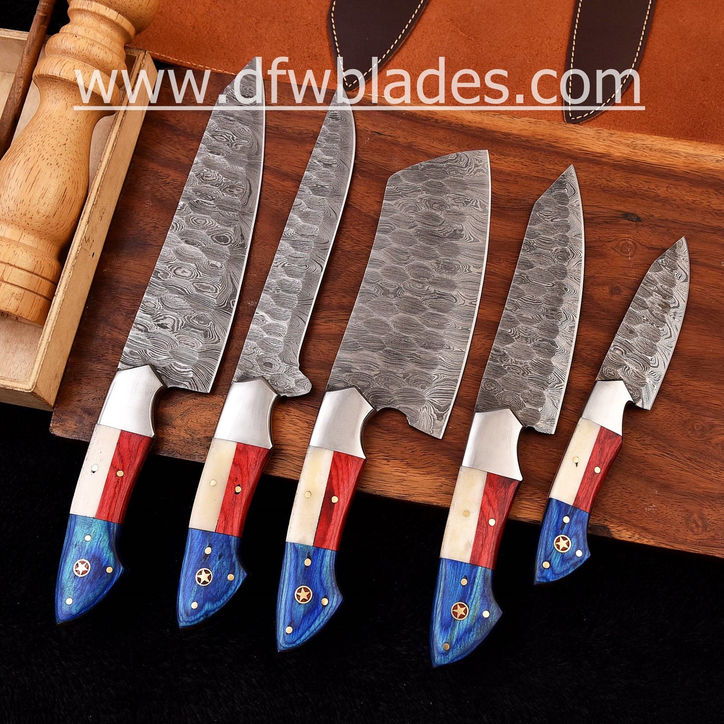 Texas Handles- Handmade Damascus Forged steel chef knives set