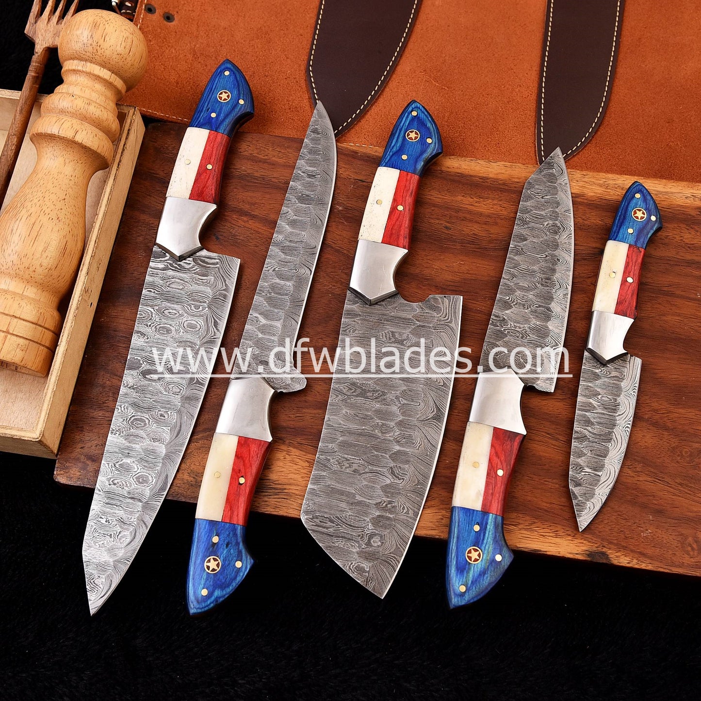 Texas Handles- Handmade Damascus Forged steel chef knives set