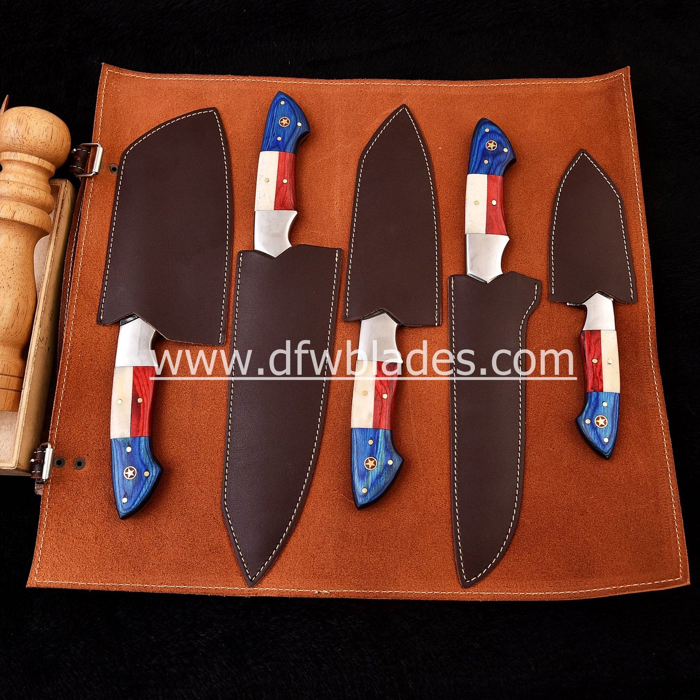Texas Handles- Handmade Damascus Forged steel chef knives set