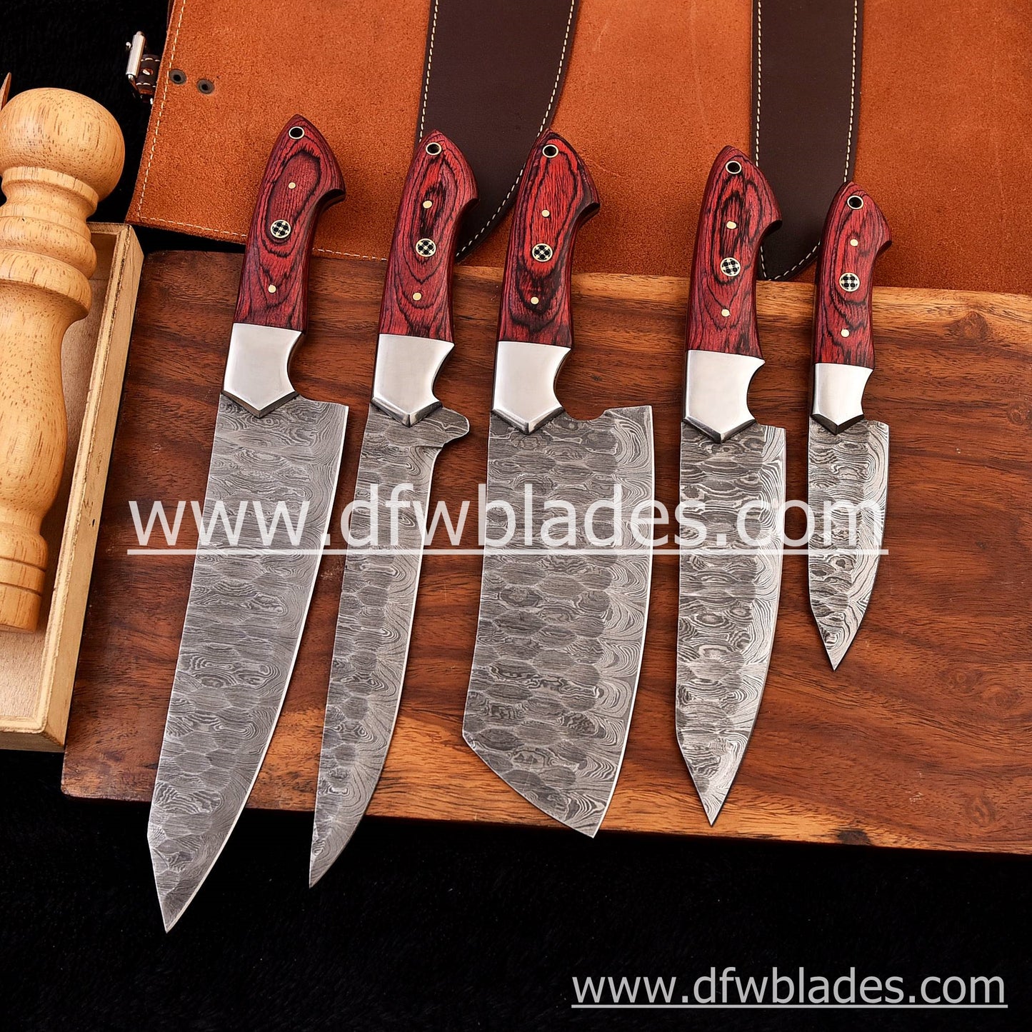 Red handles 5 pcs set- Handmade Damascus Forged steel chef knives set