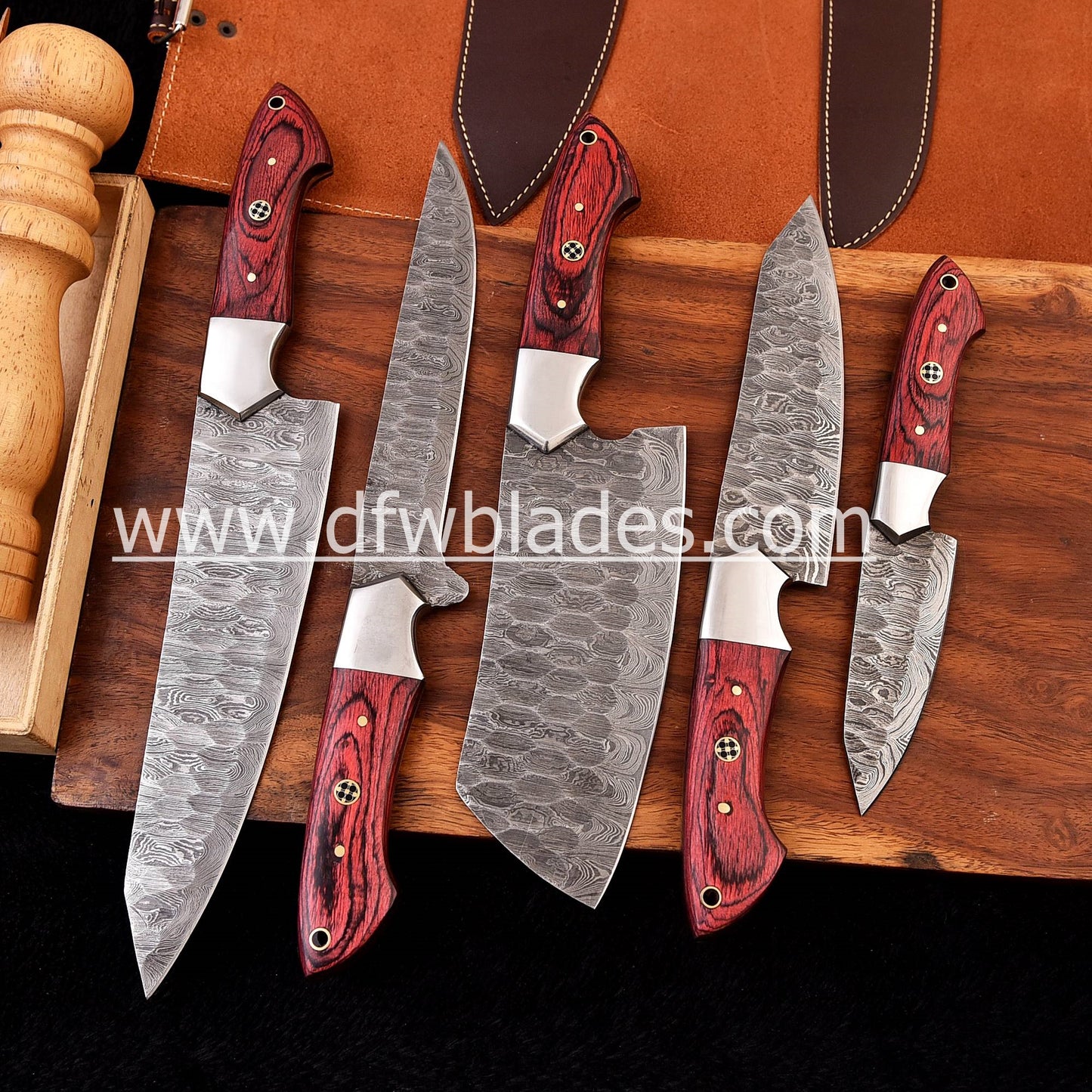 Red handles 5 pcs set- Handmade Damascus Forged steel chef knives set