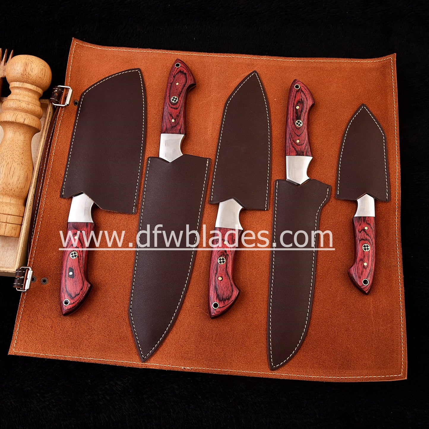 Red handles 5 pcs set- Handmade Damascus Forged steel chef knives set