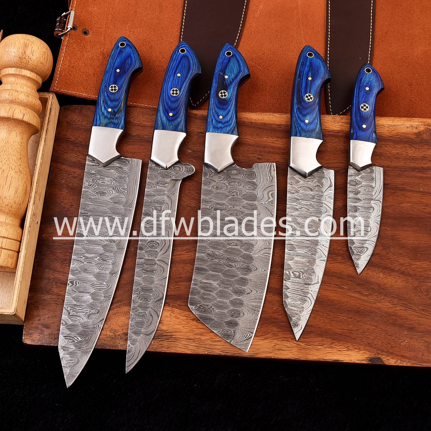 Blue handles 5 pcs set- Handmade Damascus Forged steel chef knives set
