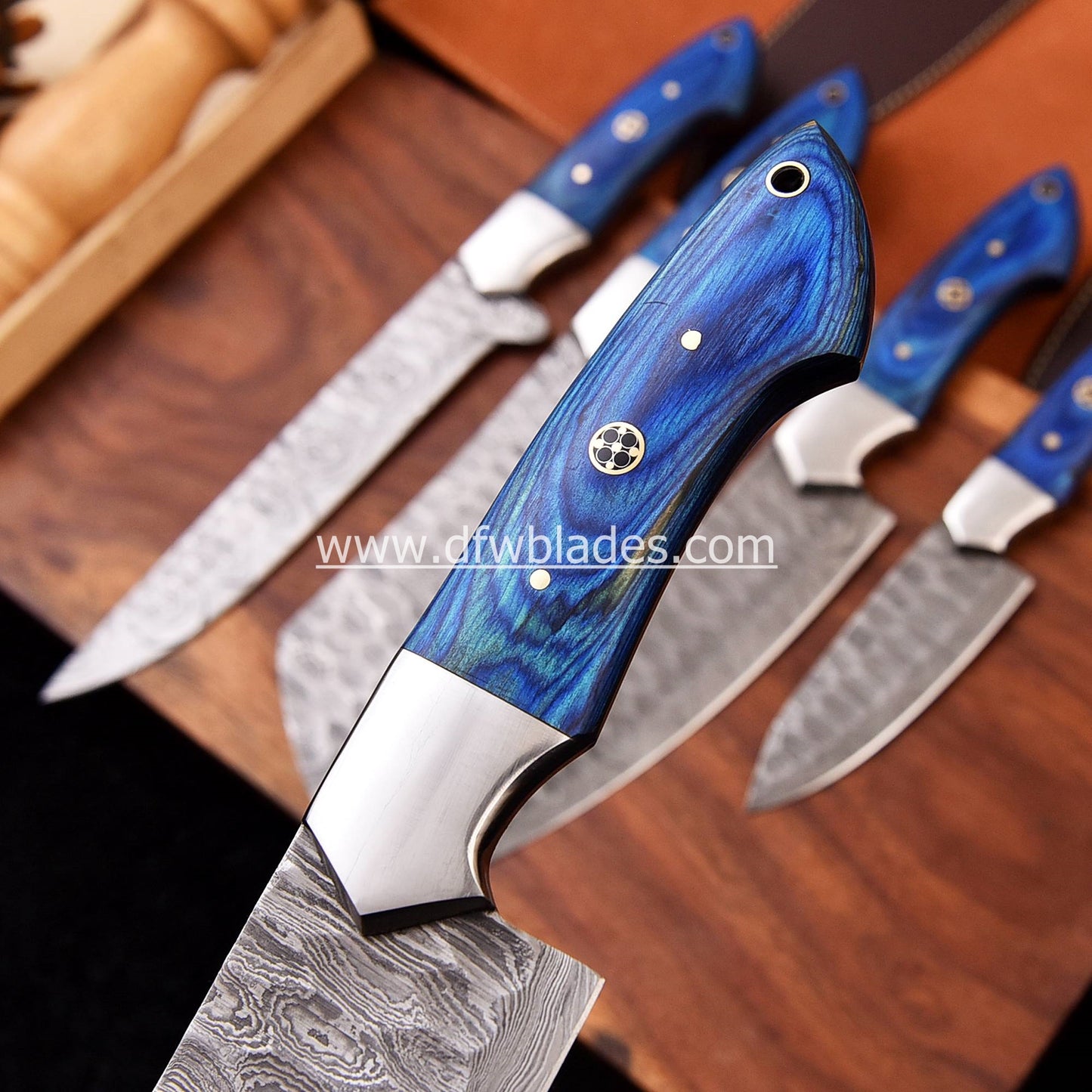 Blue handles 5 pcs set- Handmade Damascus Forged steel chef knives set
