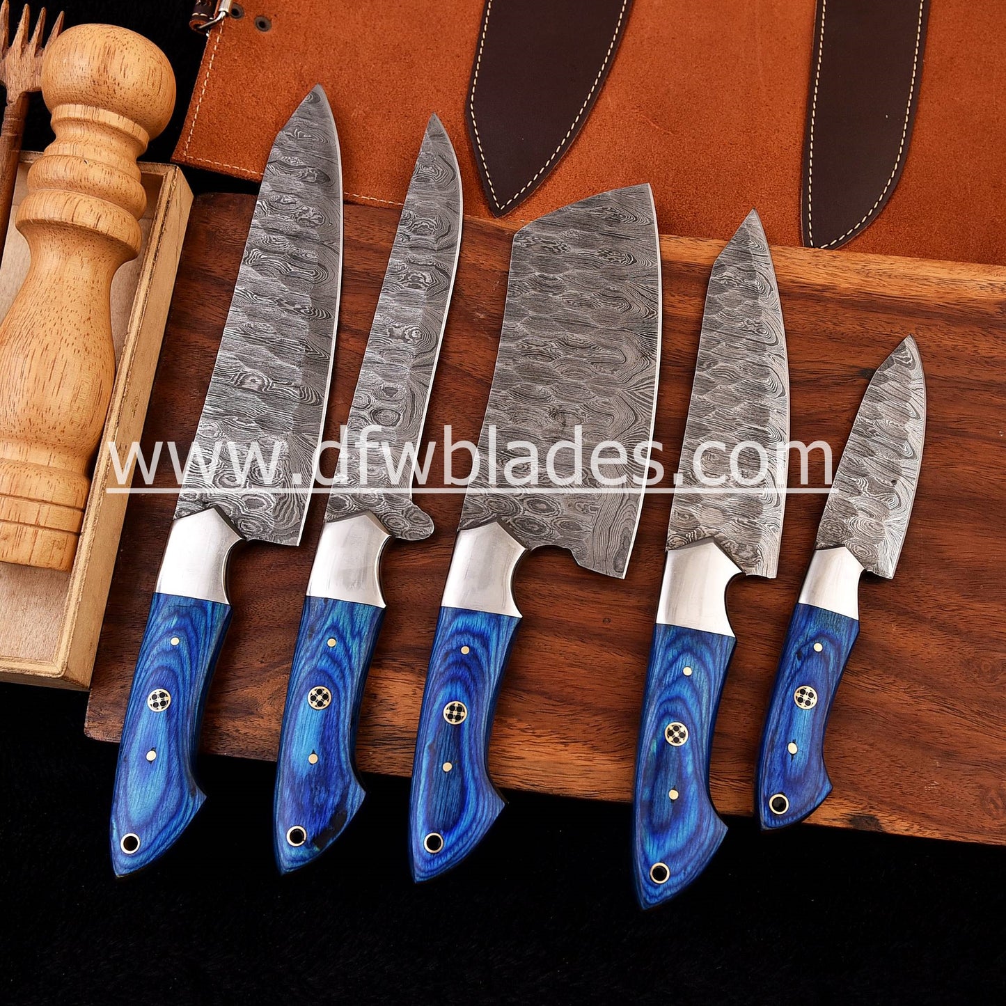 Blue handles 5 pcs set- Handmade Damascus Forged steel chef knives set