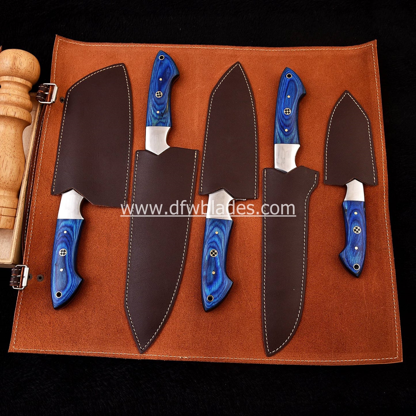 Blue handles 5 pcs set- Handmade Damascus Forged steel chef knives set