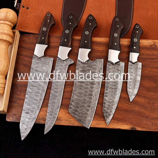 Wenge wood handles 5 pcs set- Handmade Damascus Forged steel chef knives set